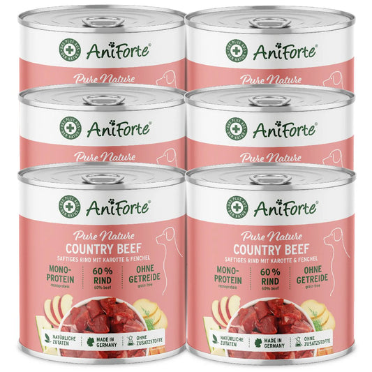 Six cans of AniForte Pure Nature Country Beef pet food 