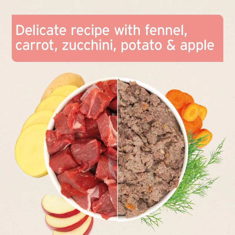 Split bowl with raw meat and cooked meat next to vegetables on a beige background