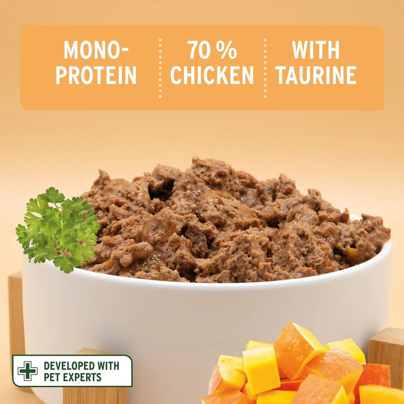 Pet food in a bowl with text indicating 'Mono-Protein', '70% Chicken', and 'With Taurine' on an orange background.