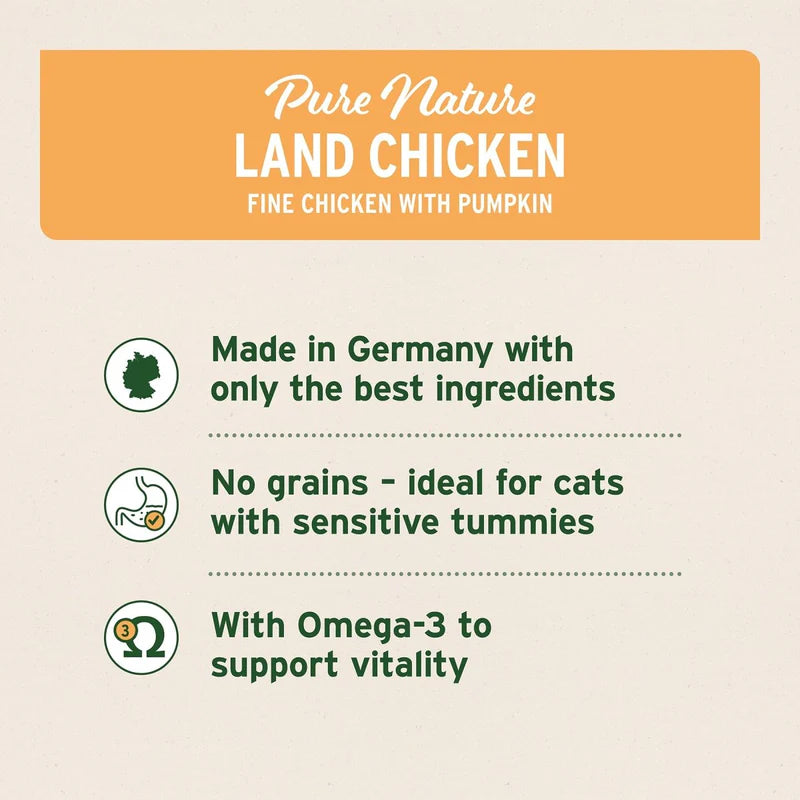 Product label for 'Pure Nature Land Chicken' cat food with pumpkin, highlighting German production and health benefits.