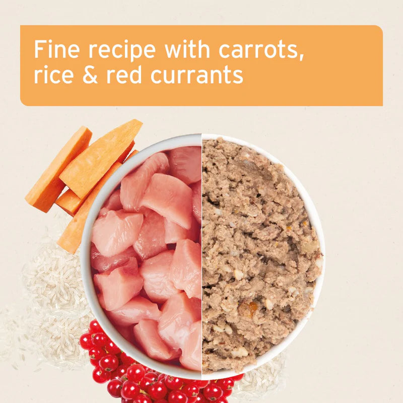 Split image showing ingredients for a recipe with carrots, rice, and red currants.