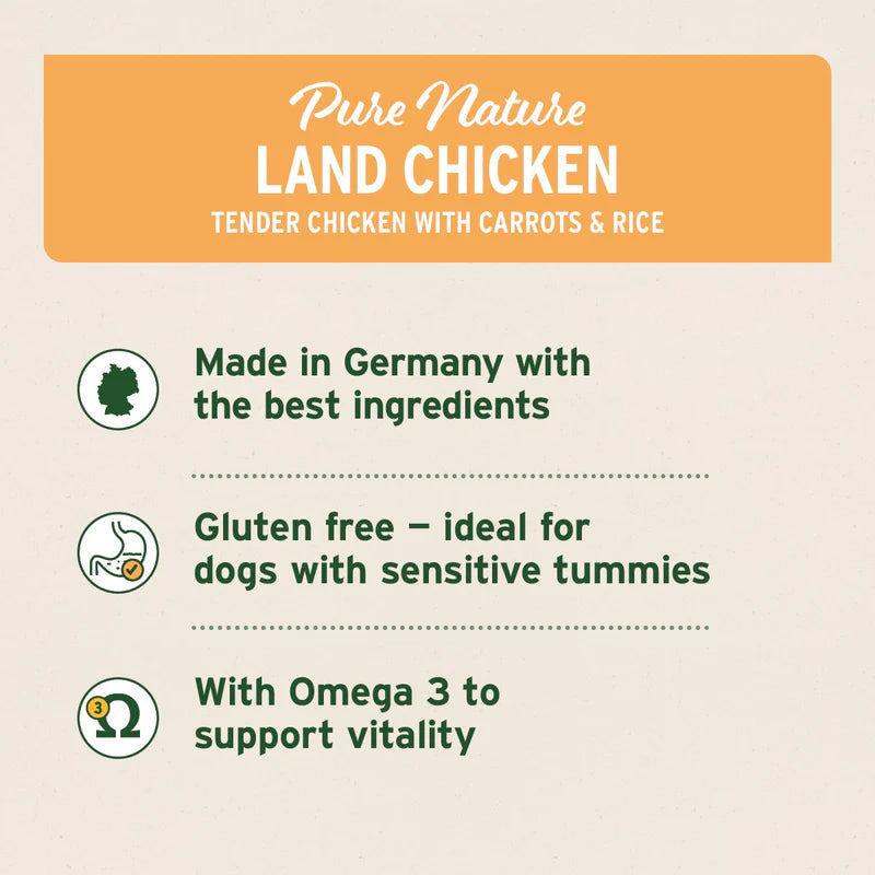 Product label for 'Pure Nature Land Chicken' with text about ingredients and benefits on a beige background.