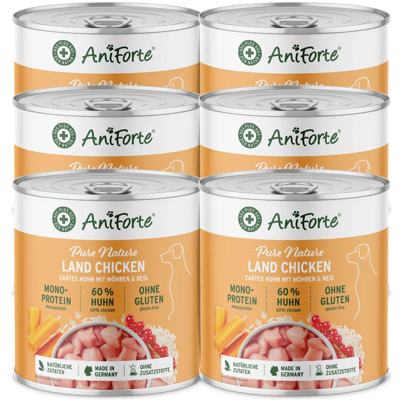 Six cans of AniForte dog food with 'Pure Nature Land Chicken'  