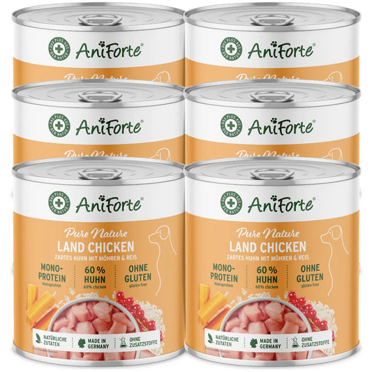 Six cans of AniForte dog food with 'Pure Nature Land Chicken'  