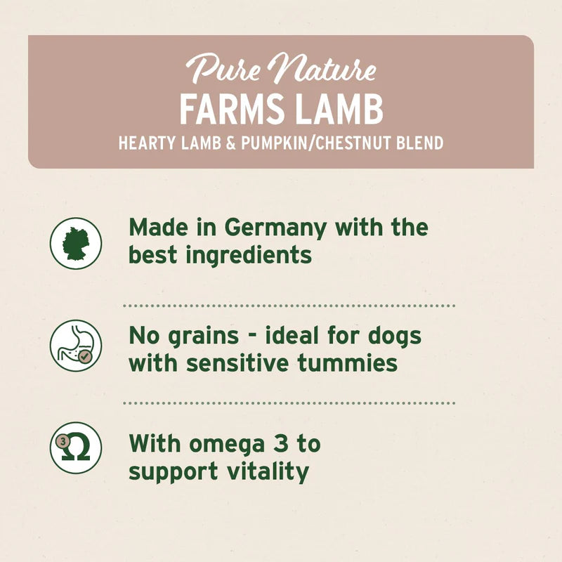 Product label for Pure Nature Farms Lamb food blend on a beige background