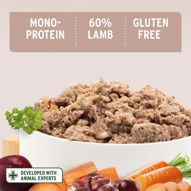 Dog food with text indicating mono-protein, 60% lamb, and gluten-free ingredients, surrounded by vegetables.