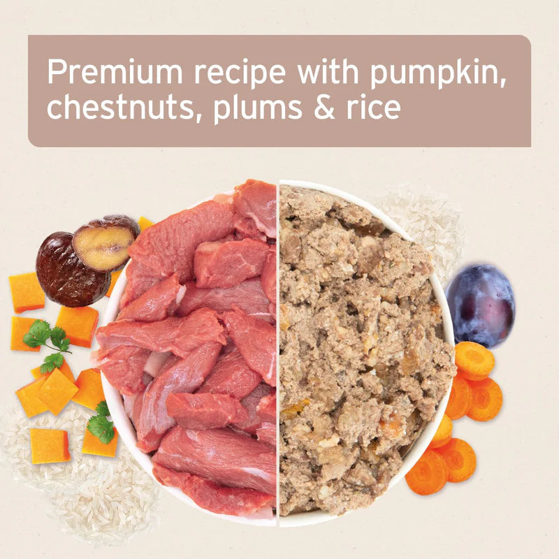 Dog food ingredients including meat, vegetables, and a bowl of dog food with text 'Premium recipe with pumpkin, chestnuts, plums & rice'.