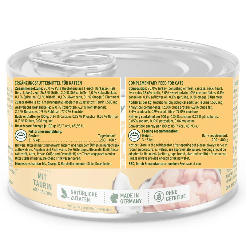 200g Can of cat food with nutritional information  