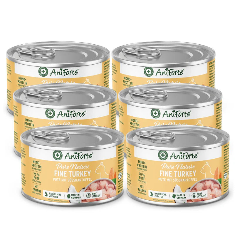 Six cans of Aniforte fine turkey cat food 200g