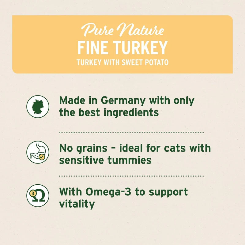Product label for 'Pure Nature Fine Turkey' cat food with text about ingredients and benefits.