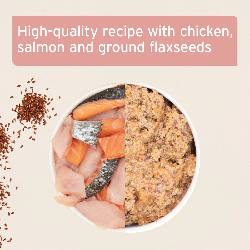 Cat food ingredients including chicken, salmon, and ground flaxseeds  
