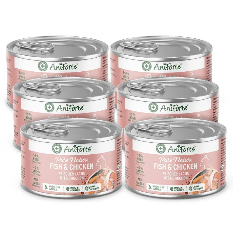 Six cans of Aniforte Pure Nature Fish & Chicken cat food  200g 