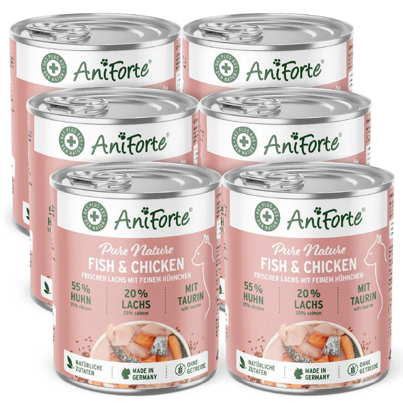Six cans of AniForte Pure Nature Fish & Chicken pet food 400g
