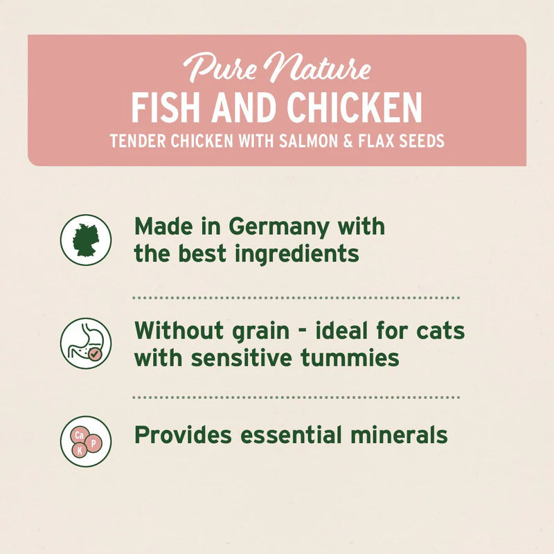 Product label for 'Pure Nature Fish and Chicken' cat food 