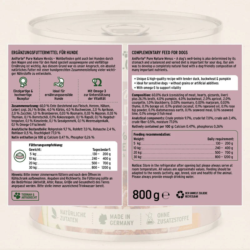 Dog food packaging with label and transparent container on a white background