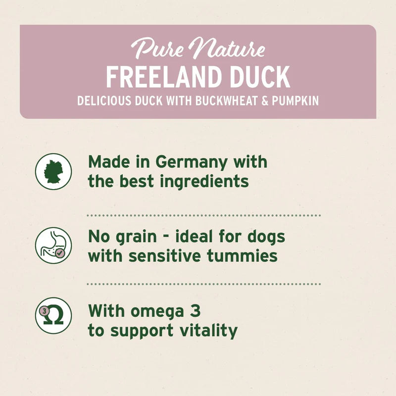 Product label for 'Pure Nature Freeland Duck' dog food with text about ingredients and benefits.