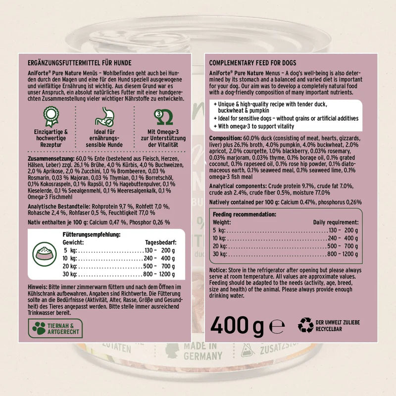 Dog food packaging label with nutritional information and branding details.