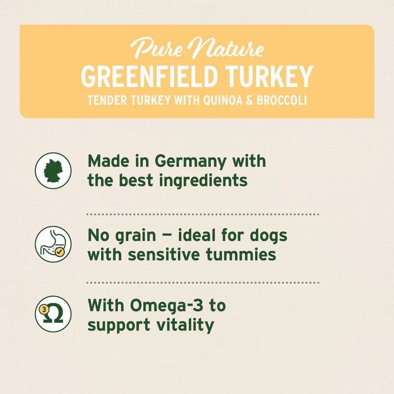 Product label for Greenfield Turkey dog food with text about ingredients and benefits.
