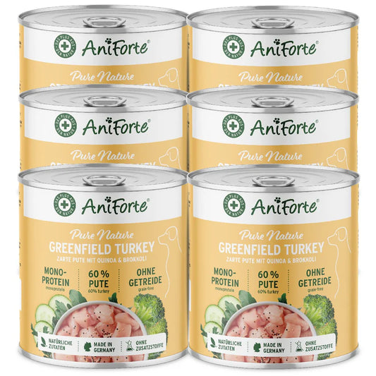 Six cans of AniForte Pure Nature Greenfield Turkey Dog food 