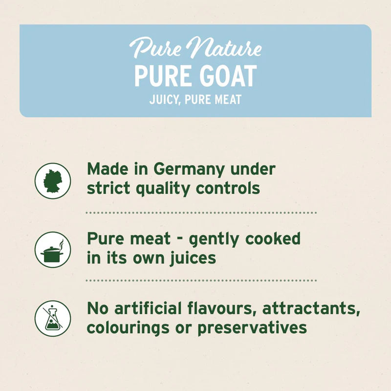 Product label for 'Pure Nature Pure Goat' with text about quality control and ingredients.