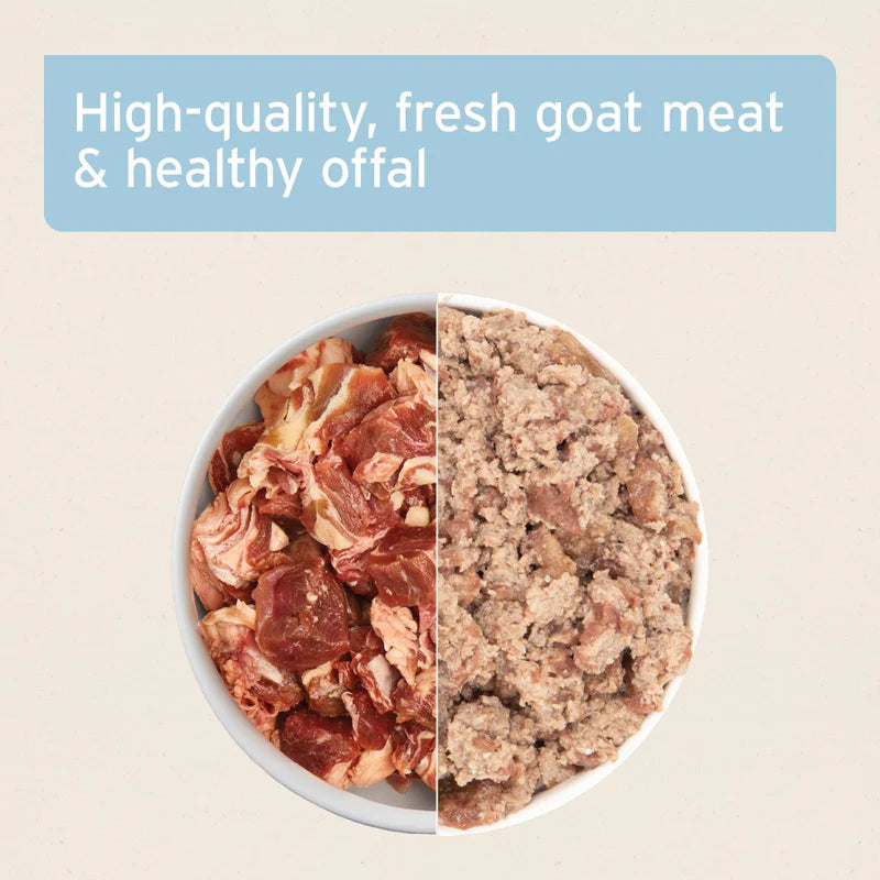 Split image of high-quality fresh goat meat and healthy offal in a bowl on a beige background.
