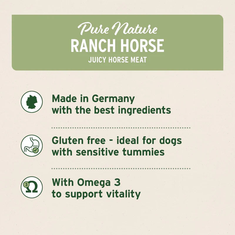 Product label for 'Pure Nature Ranch Horse' with text about origin, gluten-free nature, and Omega 3 content.