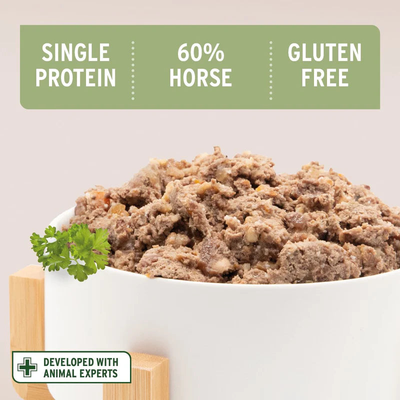 Dog food with text indicating single protein, 60% horse content, and gluten-free label.