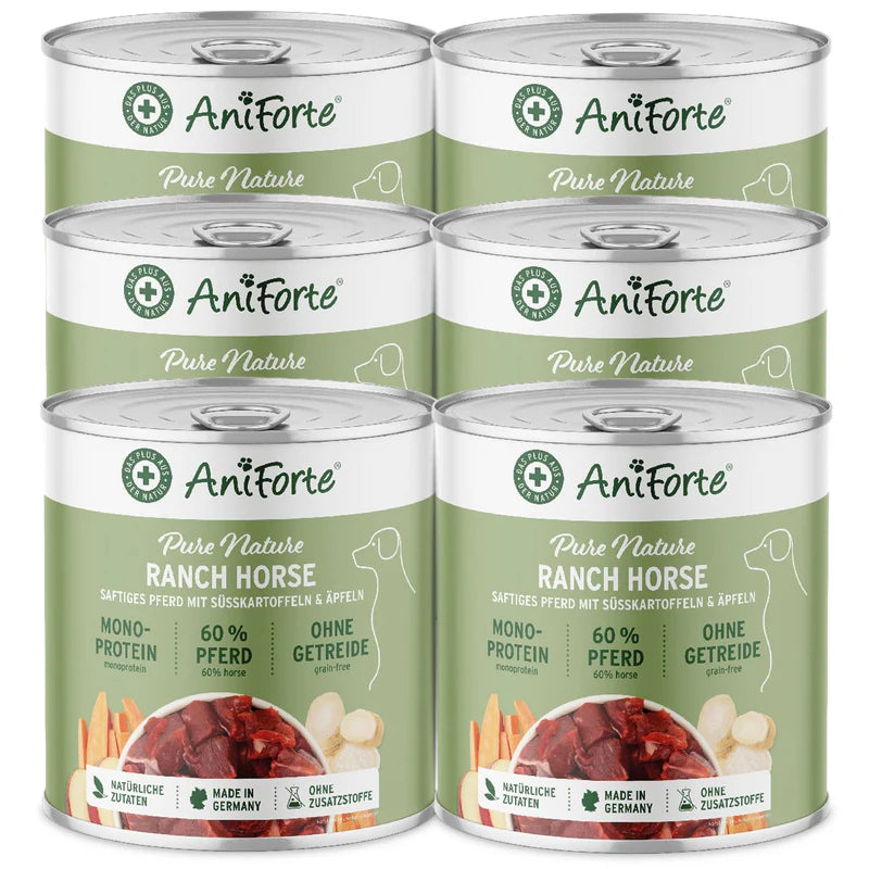 Six cans of AniForte Pure Nature  Ranch Horse Dog food              