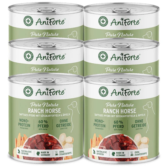 Six cans of AniForte Pure Nature  Ranch Horse Dog food              