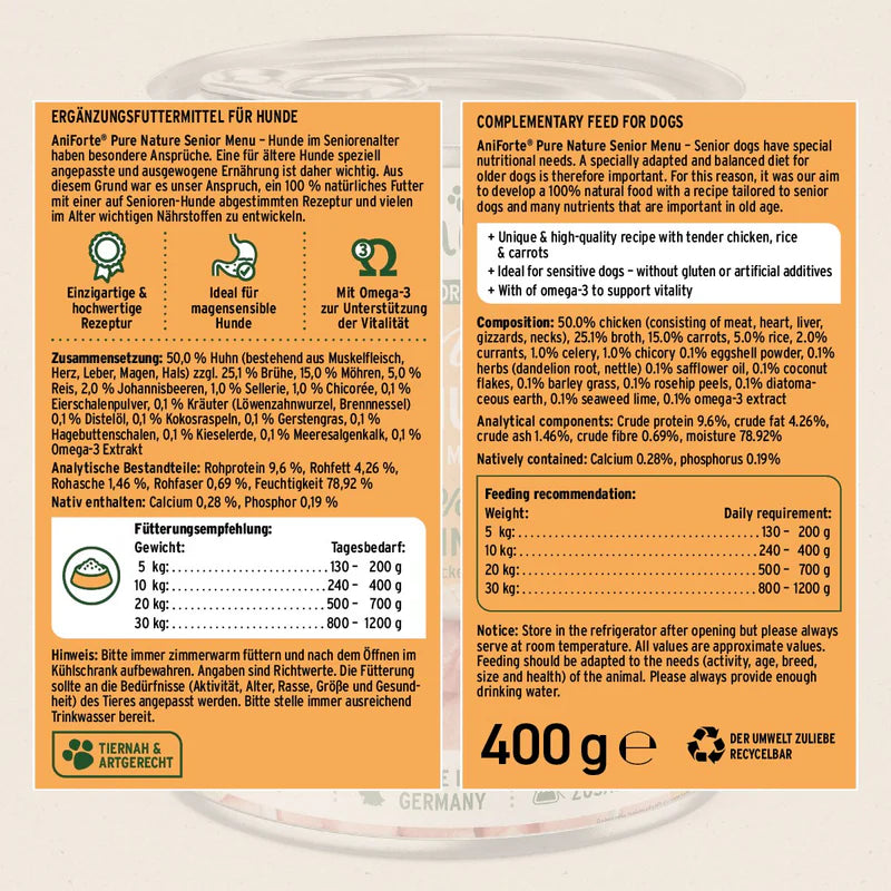 Dog food packaging with nutritional information and recycling label