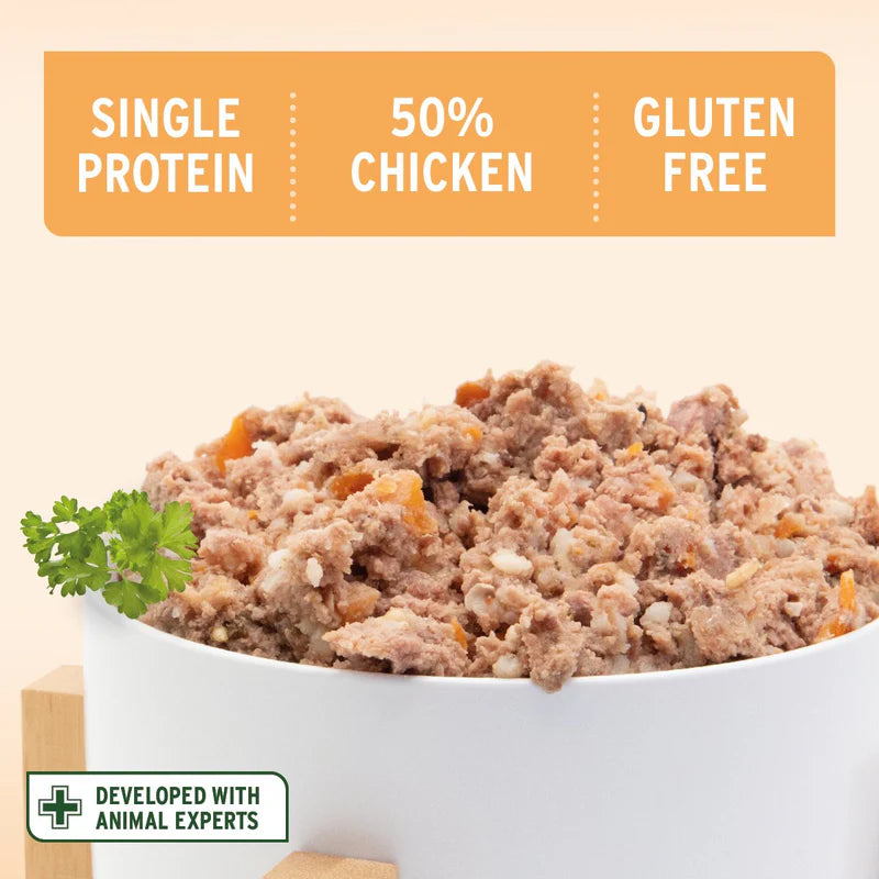 Bowl of ground meat with text indicating single protein, 50% chicken, gluten-free, and developed with animal experts.