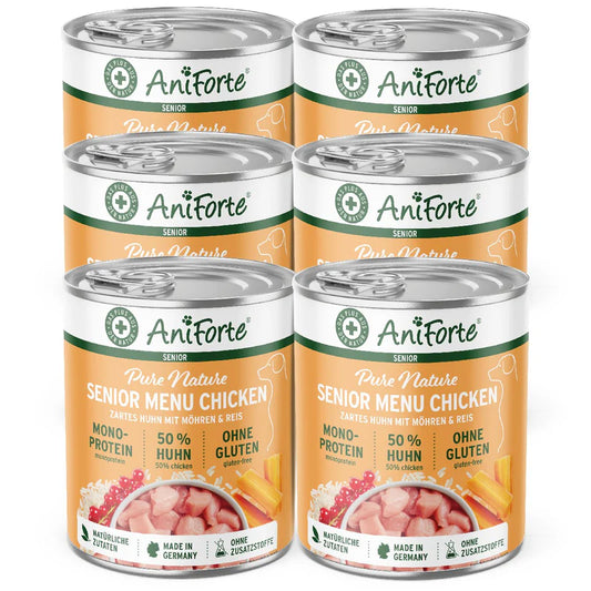 Six cans of AniForte senior pet food with chicken flavour 