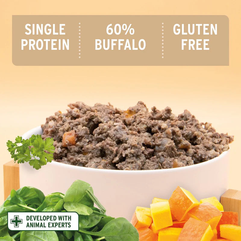  bowl of ground meat with text indicating single protein, 60% buffalo, gluten-free, and developed with animal experts.