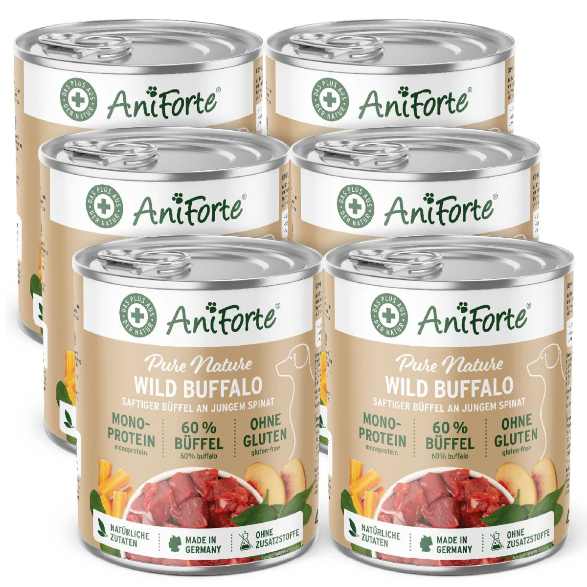Multiple cans of AniForte wild buffalo food 