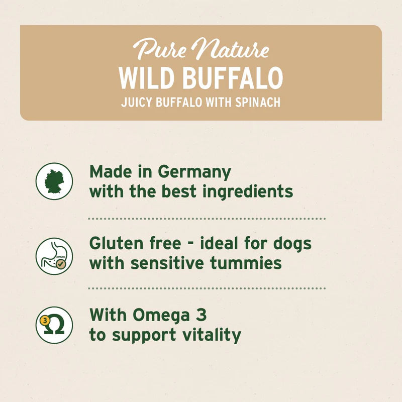 Product label for 'Pure Nature Wild Buffalo' with text about ingredients and benefits