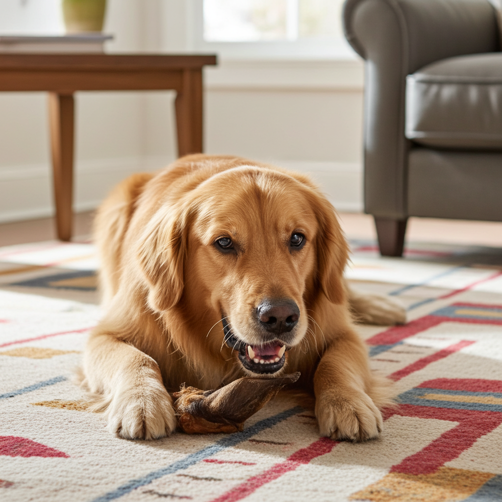 Golden retriever lying on a patterned rug in a living room.