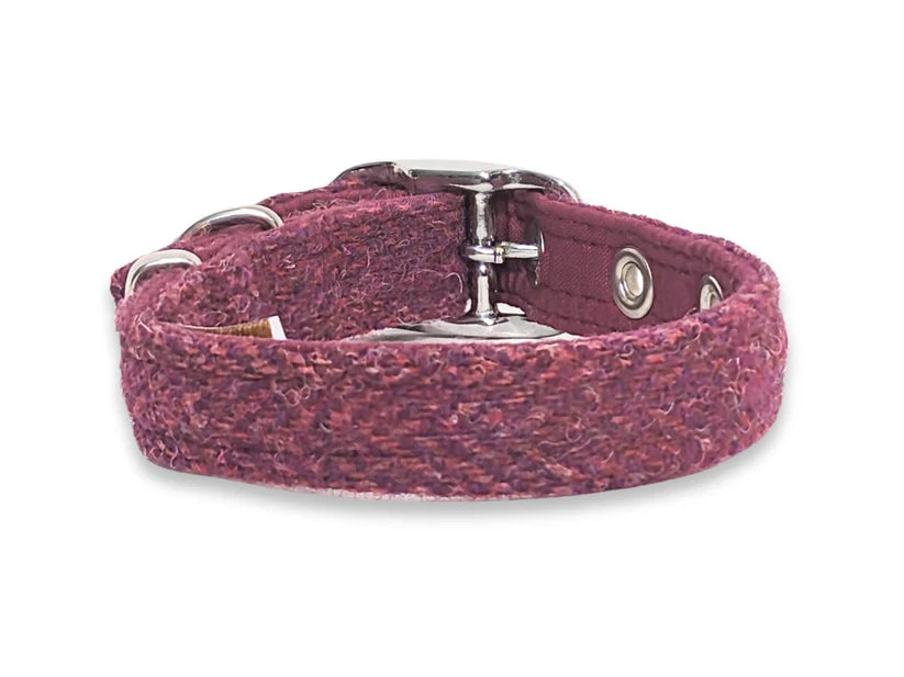 Harris Tweed Raspberry Coral Herringbone Buckle Dog Collar Reverse 