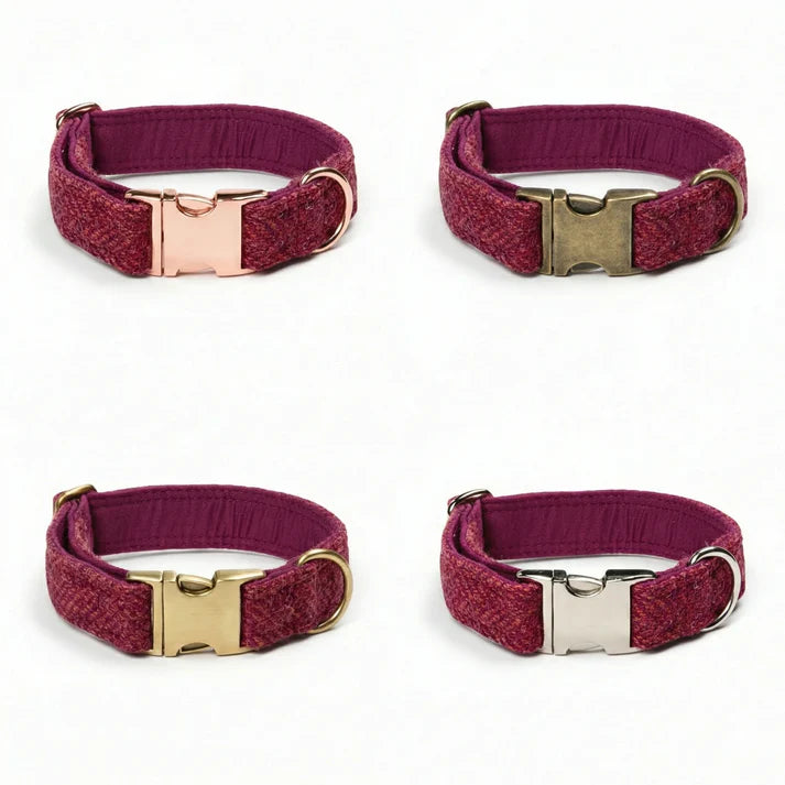 Harris Tweed dog Collar raspberry & coral herringbone hardware options