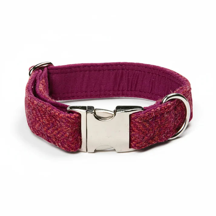 Harris Tweed dog Collar raspberry & coral herringbone