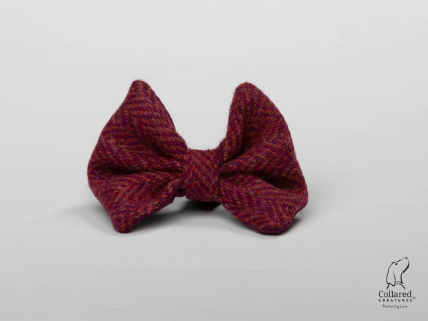 Harris Tweed Raspberry & Coral Herringbone Dog Collar Bow