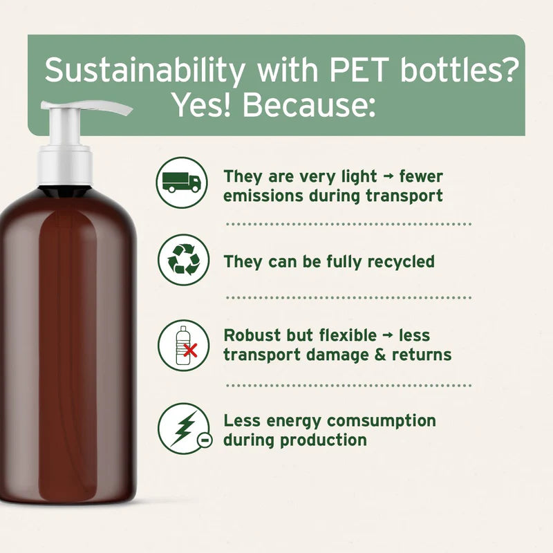 Brown bottle with pump and sustainability benefits of PET bottles  