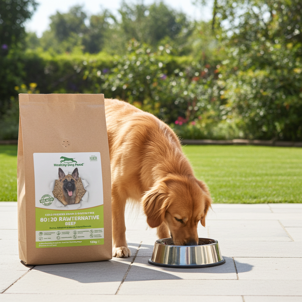 Dog eating from a bowl next to a bag of dog food with a garden in the background