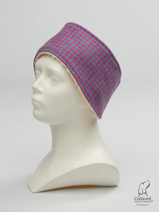 Harris Tweed Ladies Headband Turquoise & Pink Houndstooth