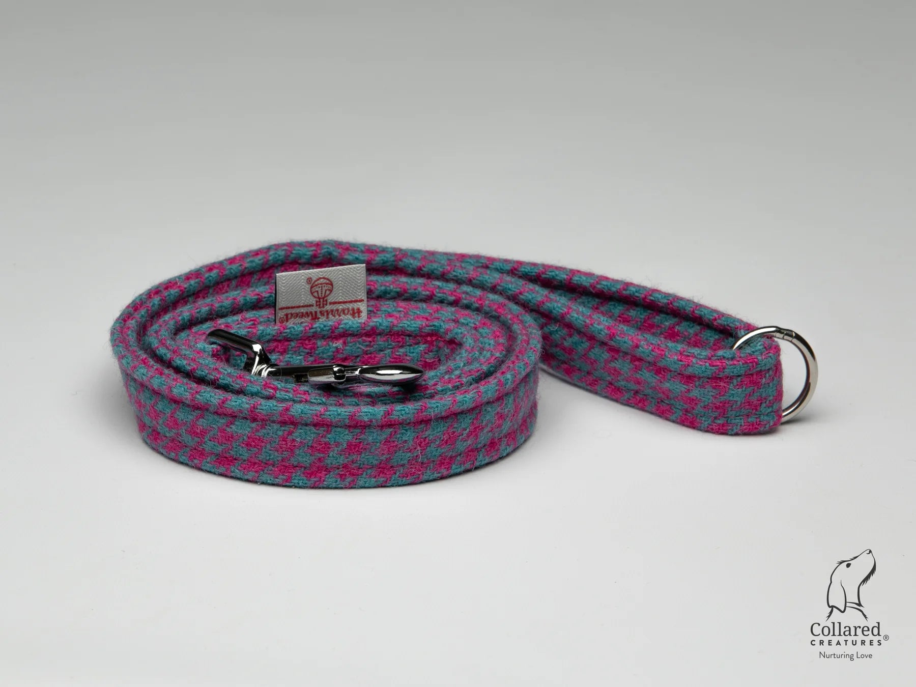 Harris Tweed dog Lead Turquoise & Pink Houndstooth