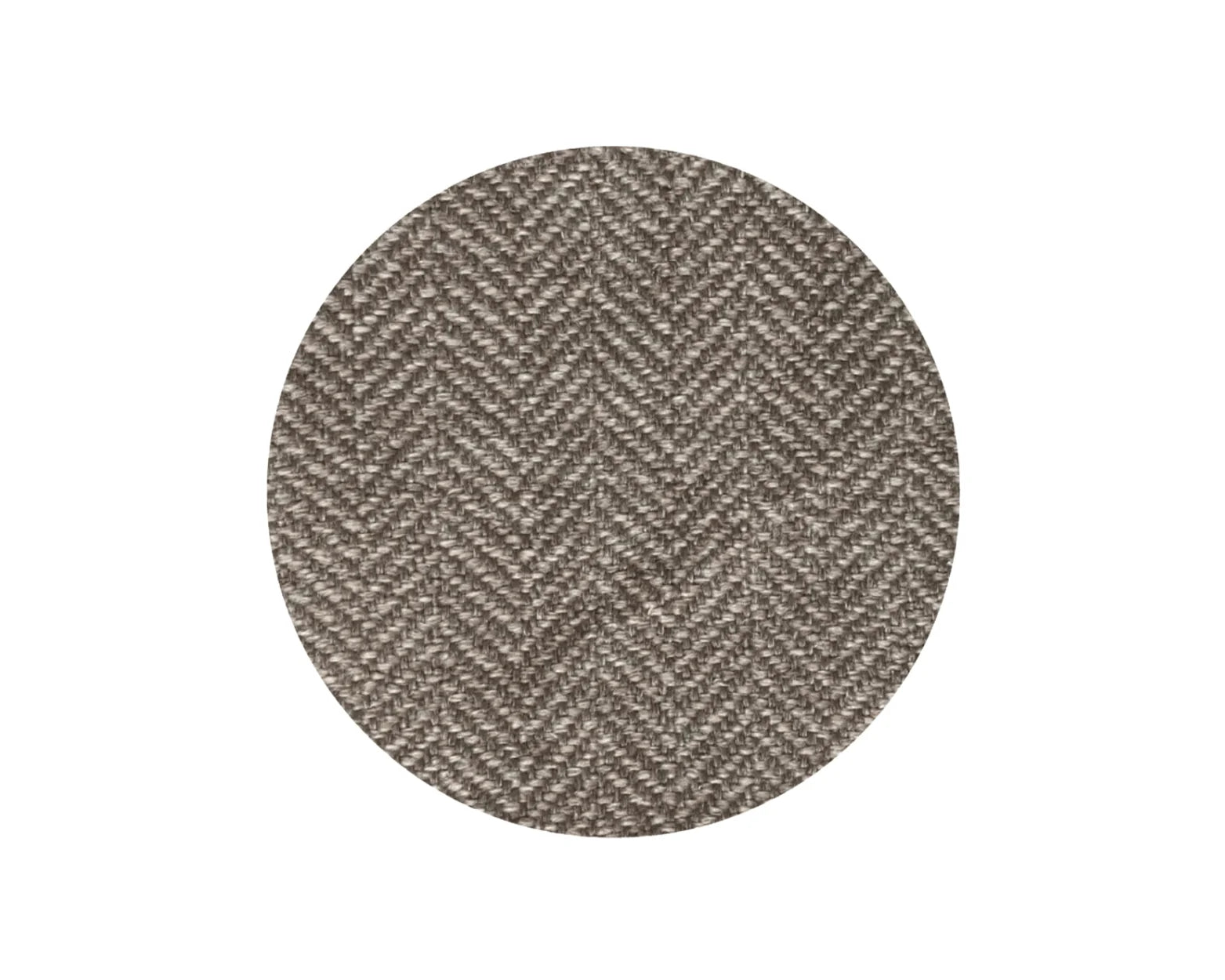 A circular fabric swatch showing a textured herringbone weave in a blend of taupe, brown, and gray tones, centered on a solid white background.