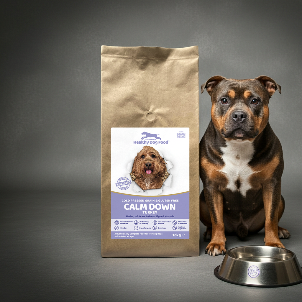 Dog sitting next to a bag of 'Healthy Dog Food' with a label on a gray background