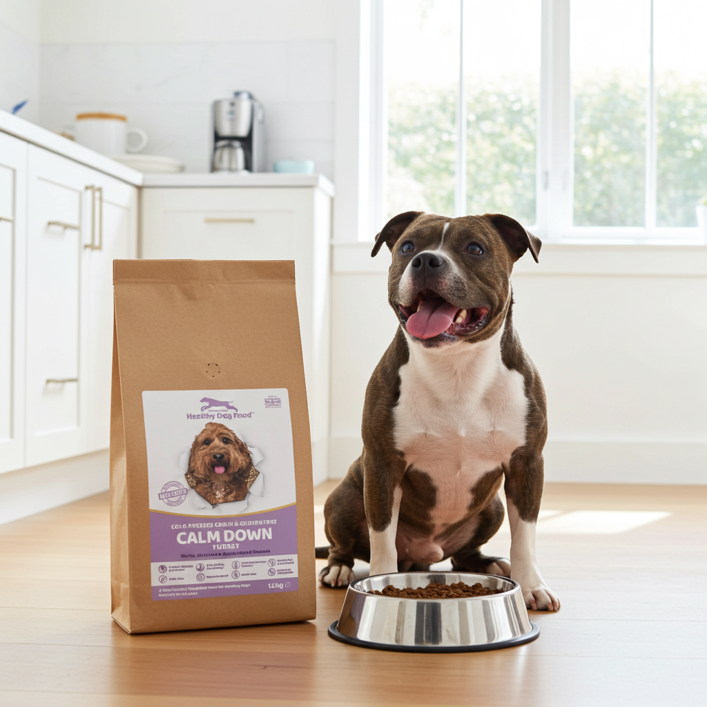 Dog sitting next to a bag of grain free Dog Food' labeled 'Calm Down' in a kitchen.