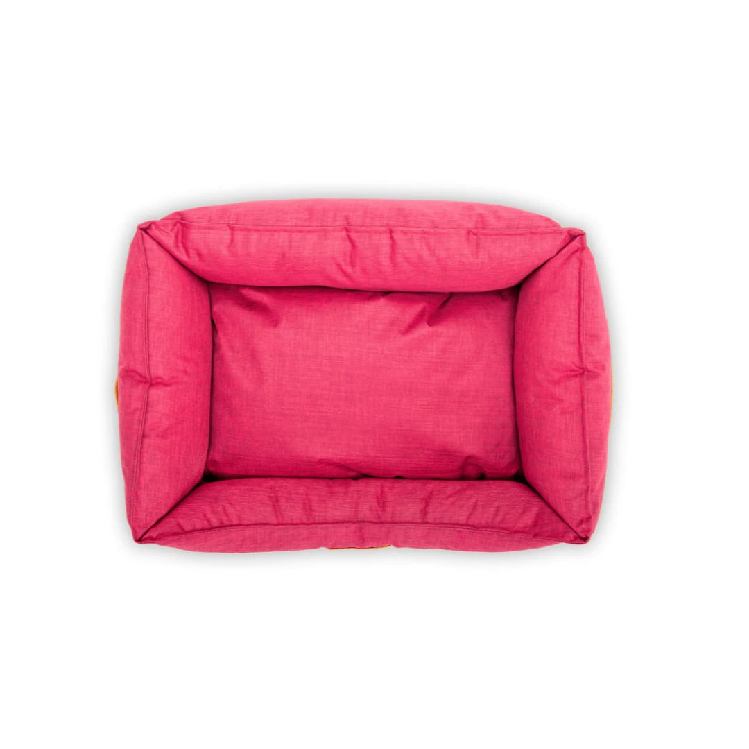 A bright pink rectangular pet bed with a raised cushioned border, shown from a top-down view on a white background.