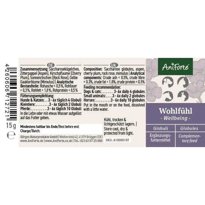 AniForte Bach Flower Wellbeing Globules for Dogs & Cats - Ingredients and feeding recoomendations