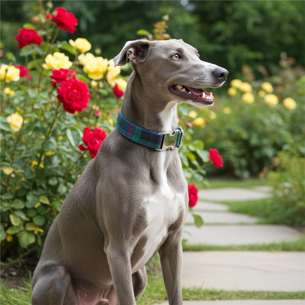Greyhound wearing a Harris Tweed Extra Wide Dog Collar